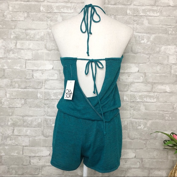 CHASER Teal Halter Drape Back Mini Romper Size Medium - Picture 3 of 16